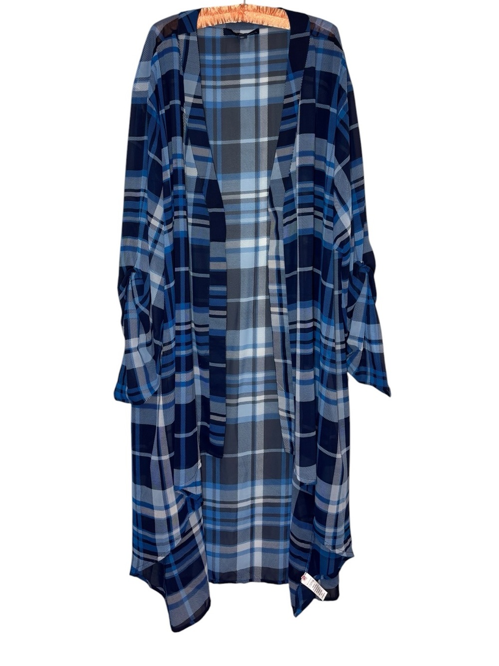 Denim 24/7 Plus Size 32W 3X Blue Plaid Check Chiffon Maxi Duster Cardigan Topper
